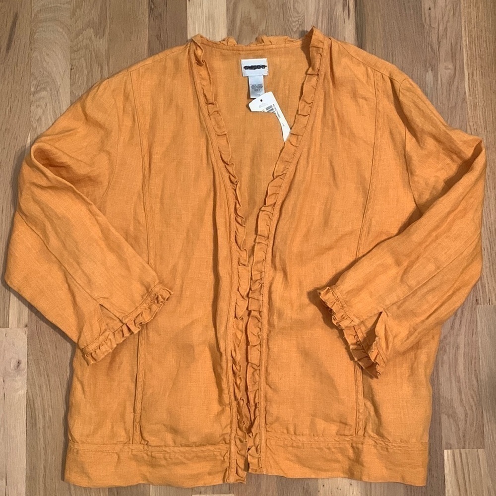 𝅺NWT Chico’s Linen Mustard Jacket 3/4 Length Sleeve Women’s 2